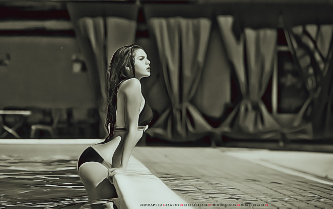 Обои картинки фото календари, компьютерный дизайн, девушка, бассейн