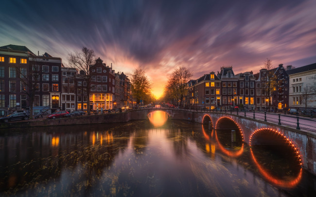 Обои картинки фото города, амстердам , нидерланды, канал, вечер, огни