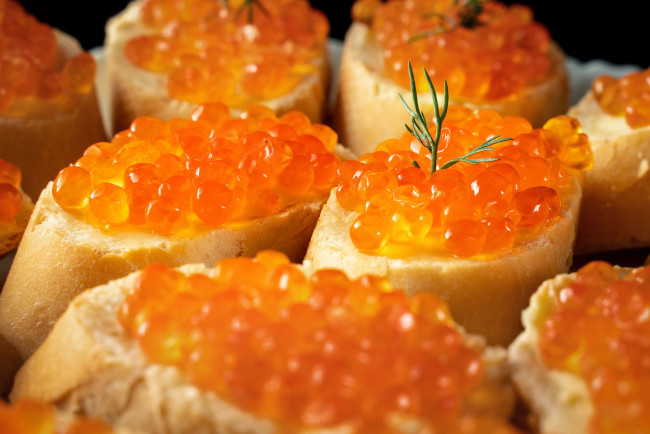 Обои картинки фото еда, бутерброды,  гамбургеры,  канапе, макро, укроп, хлеб, много, икра, красная, закуска, батон