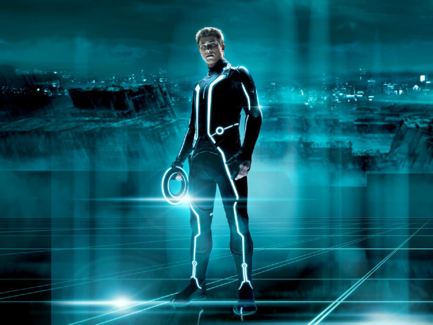 Обои картинки фото кино фильмы, tron legacy, парень, костюм, неон, кольцо, город