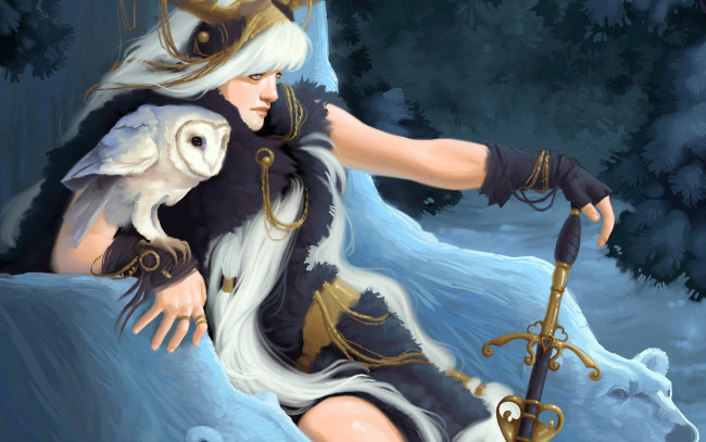 Обои картинки фото фэнтези, девушки, меч, девушка, сова, лес, медведи, снег, зима