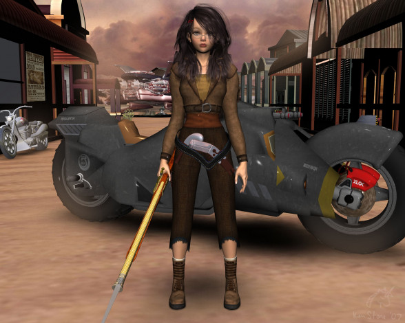 Обои картинки фото 3д, графика, people, люди, девушка, мотцикл