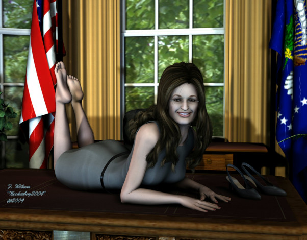 Обои картинки фото 3д, графика, people, люди, девушка, стол, флаги