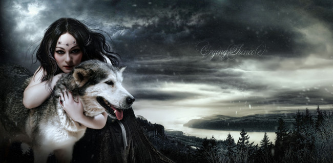 Обои картинки фото фэнтези, красавицы, чудовища, девушка, волк, пейзаж