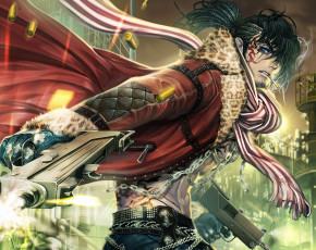 Картинка фэнтези люди арт парень оружие сигарета тату гильзы цепи плащ