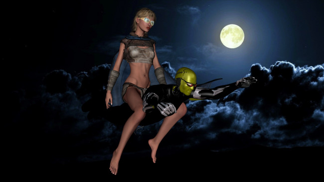 Обои картинки фото 3д графика, фантазия , fantasy, фон, супермен, полет, взгляд, девушка