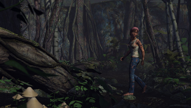 Обои картинки фото 3д графика, фантазия , fantasy, взгляд, испуг, фон, лес, девушка