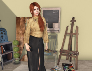 Картинка 3д+графика люди+ people девушка взгляд фон рыжая интерьер