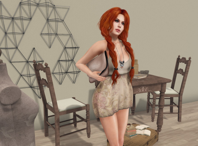Обои картинки фото 3д графика, люди , people, девушка, взгляд, фон, рыжая, интерьер