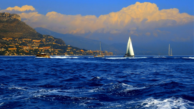 Обои картинки фото корабли, разные вместе, яхты, лодки, горы, море, катера, парусники, вода