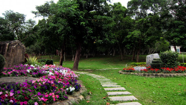 Обои картинки фото природа, парк, дорожка, камни, клумбы