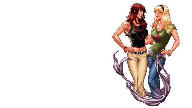 Обои картинки фото рисованное, комиксы, девушки, взгляд, фон, spider-man