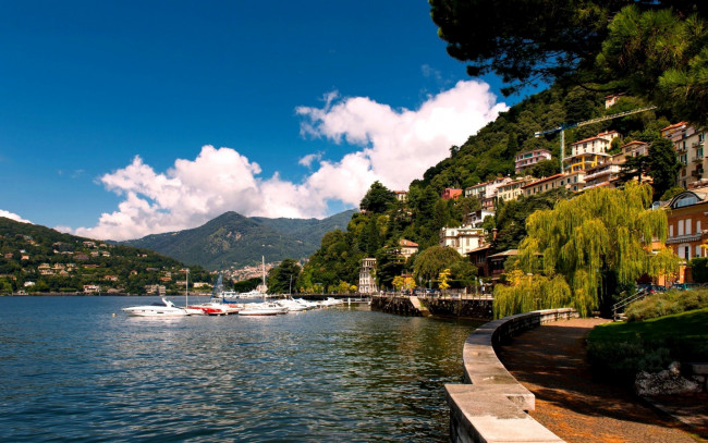 Обои картинки фото lake como, города, - улицы,  площади,  набережные, здания, горы, набережная, озеро, яхты