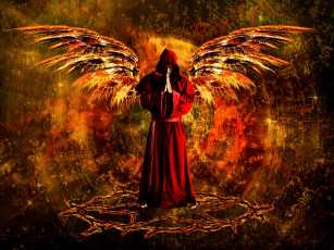 Картинка фэнтези фотоарт монах капюшон крылья мужчина фон