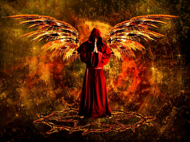 Обои картинки фото фэнтези, фотоарт, монах, капюшон, крылья, мужчина, фон