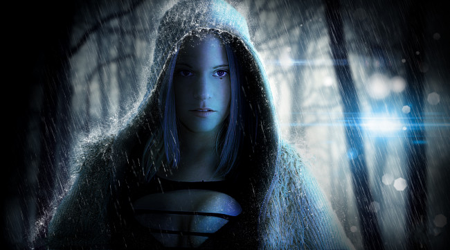 Обои картинки фото фэнтези, фотоарт, дождь, девушка, капюшон, фон, взгляд