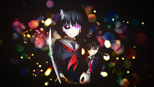 Обои картинки фото аниме, busou shoujo machiavellianism, фон, взгляд, девушка