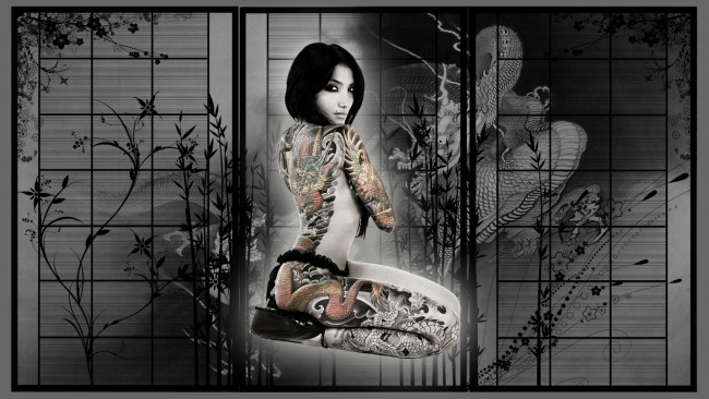 Обои картинки фото разное, компьютерный дизайн, тату, взгляд, фон, девушка