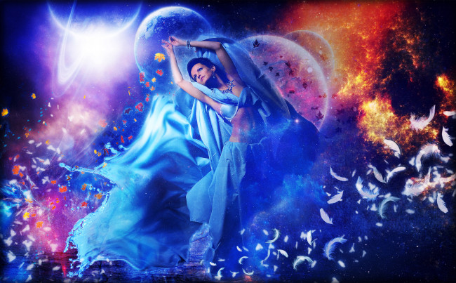 Обои картинки фото разное, компьютерный дизайн, танец, фон, планеты, перья, девушка