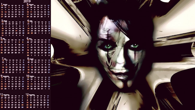 Обои картинки фото календари, фэнтези, взгляд, шрам, женщина, лицо