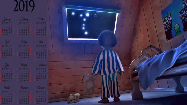 Обои картинки фото календари, рисованные,  векторная графика, мишка, звезда, окно, игрушка, кровать, ребенок