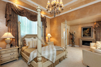 Картинка интерьер спальня кровать люстра