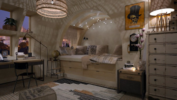 Картинка интерьер спальня кровать часы письменный стол