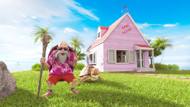 Обои картинки фото 3д графика, юмор , humor, мужчина, дед, черепаха, дом, посох