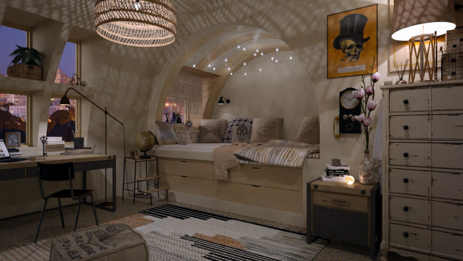 Обои картинки фото интерьер, спальня, кровать, часы, письменный, стол