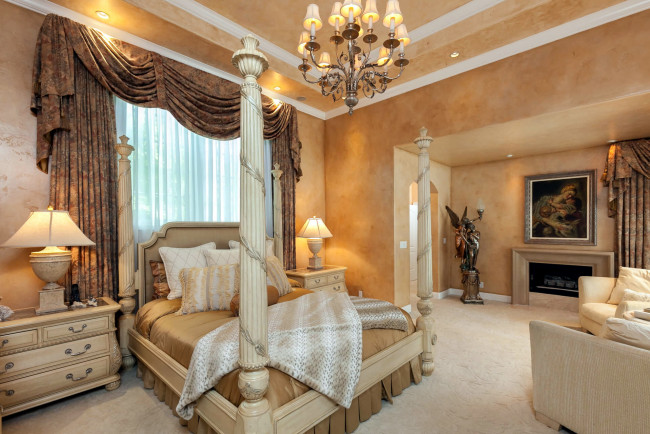 Обои картинки фото интерьер, спальня, кровать, люстра