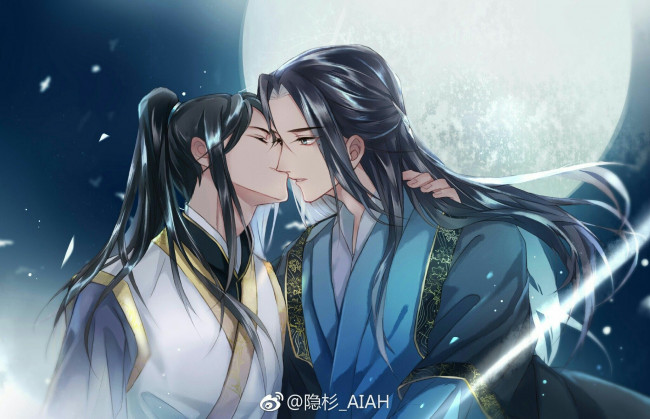 Обои картинки фото аниме, unknown,  другое , парни, поцелуй, луна