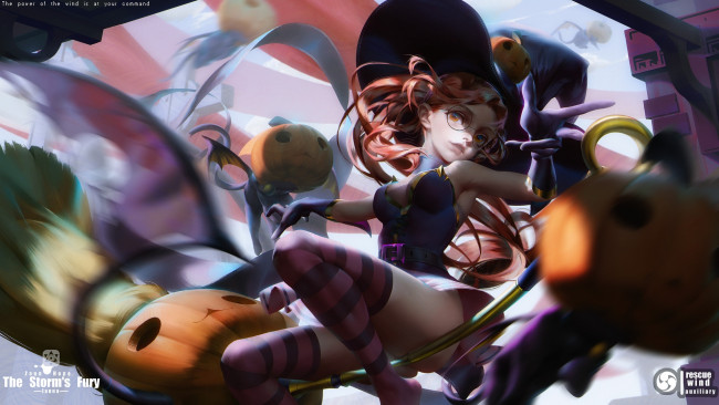 Обои картинки фото видео игры, league of legends, janna, ведьма, метла, тыквы