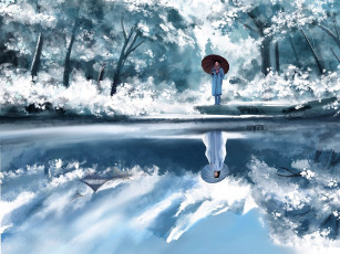 Картинка рисованное люди сяо чжань зонт озеро отражение лань ванцзи