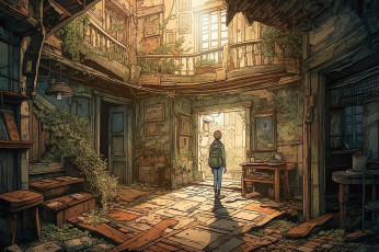 Картинка аниме город +улицы +интерьер +здания старый заросший дом