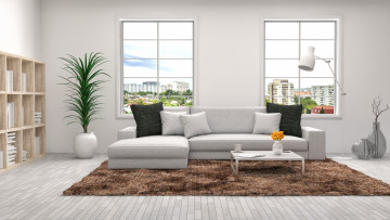 Картинка интерьер гостиная полки мягкий уголок подушки