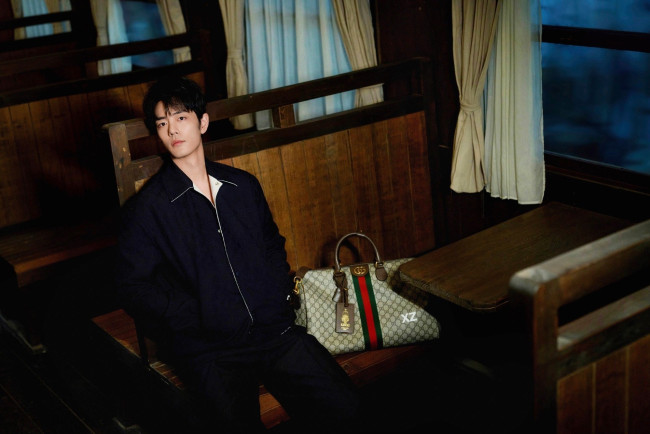 Обои картинки фото мужчины, xiao zhan, актер, костюм, сумка, поезд