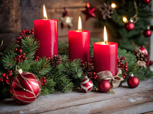 обоя праздничные, новогодние свечи, шишки, свечи, огоньки, шарики