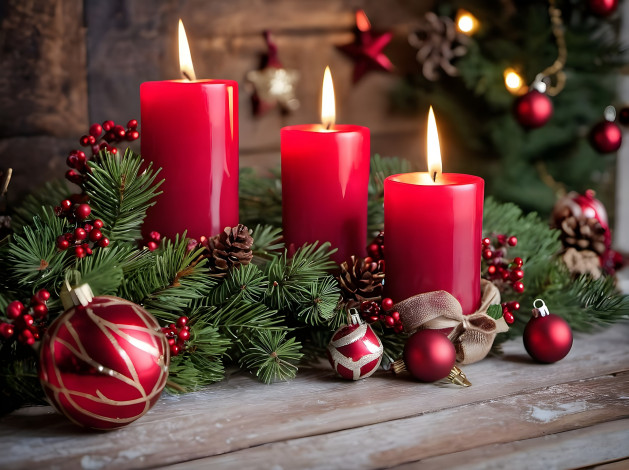 Обои картинки фото праздничные, новогодние свечи, шишки, свечи, огоньки, шарики