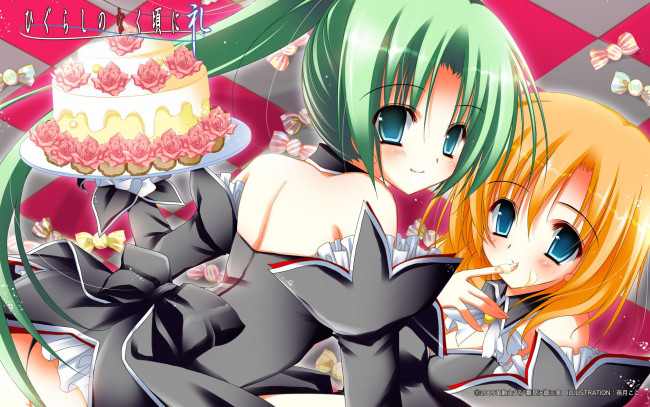 Обои картинки фото аниме, higurashi, no, naku, koro, ni, ryuuguu, rena, sonozaki, mion