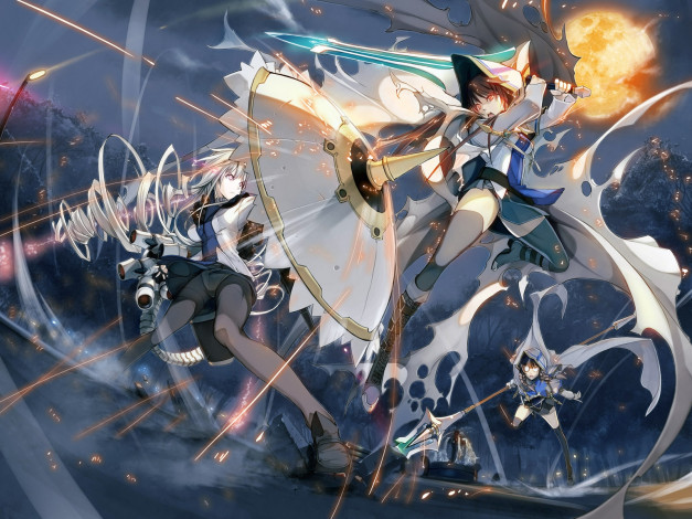 Обои картинки фото аниме, weapon, blood, technology, схватка