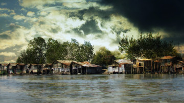 Картинка природа реки озера вода хижины небо тучи