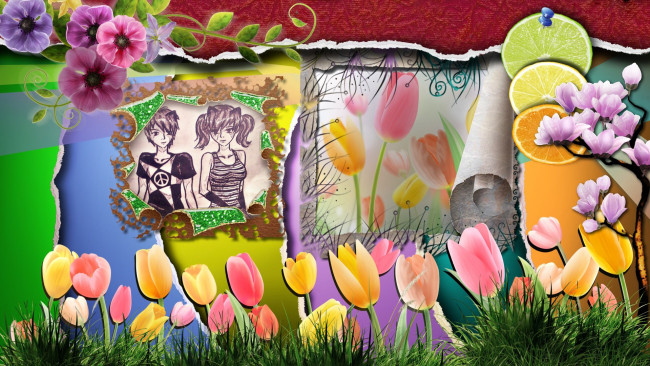 Обои картинки фото разное, компьютерный, дизайн, тюльпаны, трава, апельсин, лимон