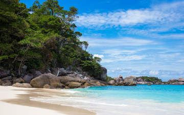 Картинка природа тропики palms sand tropical песок берег пляж море paradise shore sea beach summer облака небо