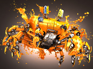 Картинка 3д+графика моделирование+ modeling брызги вода желтый капли блеск металл краб