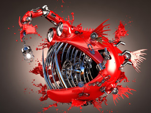 Картинка 3д+графика моделирование+ modeling капли брызги металл блеск красная детали рыба фонарь