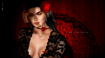 Картинка 3д+графика портрет+ portraits испанка кружева трубка роза девушка