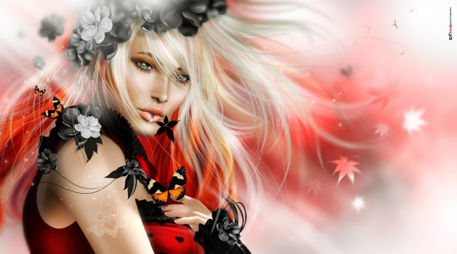 Обои картинки фото 3д графика, портрет , portraits, венок, блондинка, бабочка, девушка