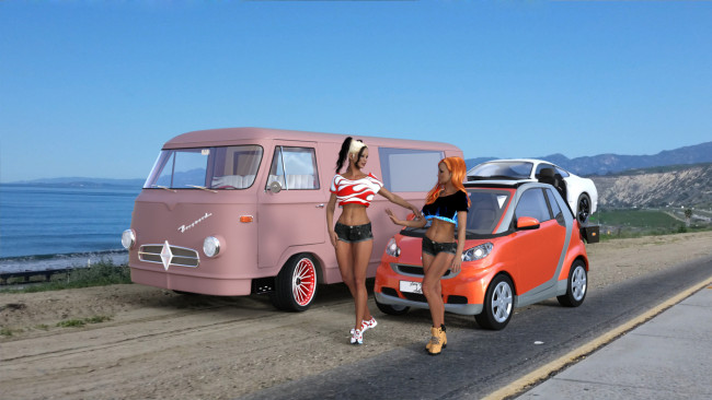 Обои картинки фото 3д графика, люди-авто, мото , people- car ,  moto, фон, взгляд, девушки