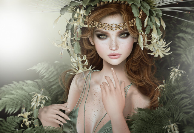 Обои картинки фото 3д графика, портрет , portraits, венок, волосы, цветы, девушка