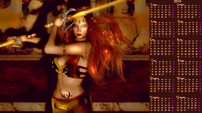 Обои картинки фото календари, 3д-графика, оружие, упражнение, девушка, воительница